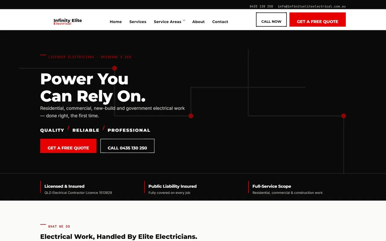 Desktop screenshot of the live Infinity Elite Electrical homepage, showing the hero section with the headline "Power You Can Rely On" and licensing details.