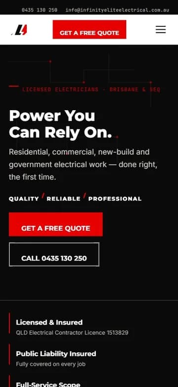 Mobile screenshot of the live Infinity Elite Electrical homepage, showing the same hero content in a responsive single-column layout.